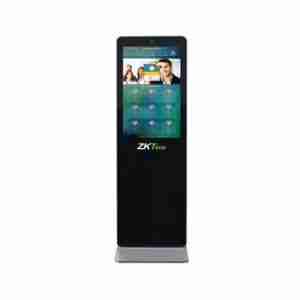 A black ZKTeco FaceKiosk Series terminal with a touchscreen display. The kiosk has a stand with a camera mounted above the screen.