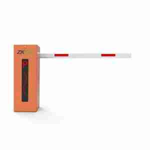 An orange barrier gate with a red and white stripe boom