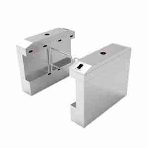 A stainless steel swing barrier turnstile with two barriers facing each other