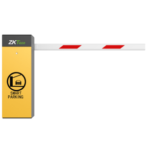 A yellow boom barrier with a red and white stripe boom