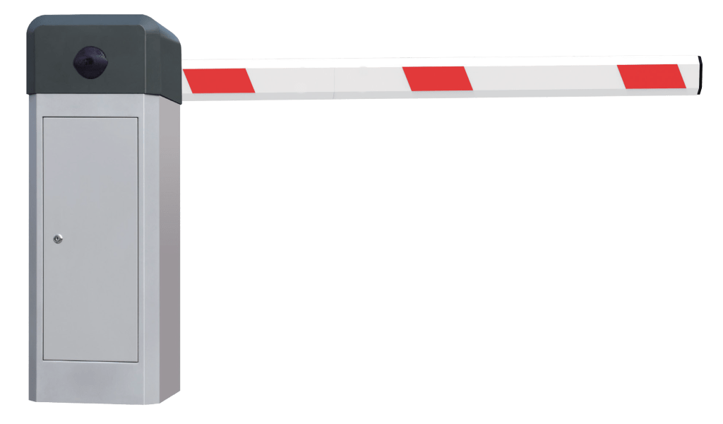 A barrier gate with a red and white stripe boom