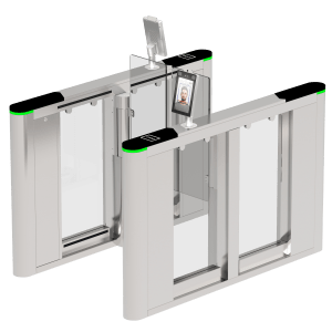 A swing barrier with facial recognition and temperature detection devices