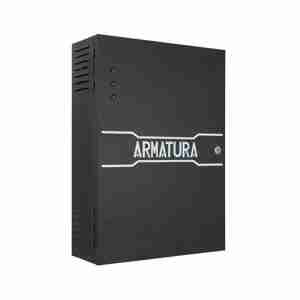 A long vertical black box with Armatura written over it acting as an enclosure for controllers and expansion boards