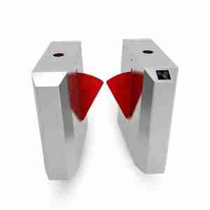 A single lane flap barrier turnstile with red colour glass barriers pointing inward