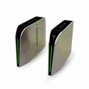 A single lane flap barrier turnstile with glass barriers pointing inward