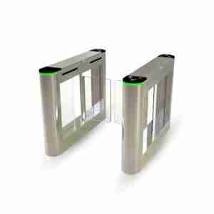 A single-lane swing barrier turnstile with glass wings
